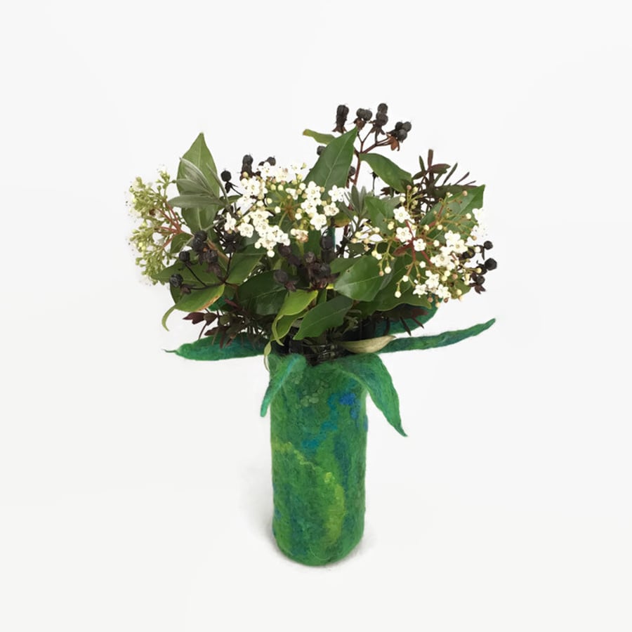 Green felted flower vase, merino wool with glass bottle insert