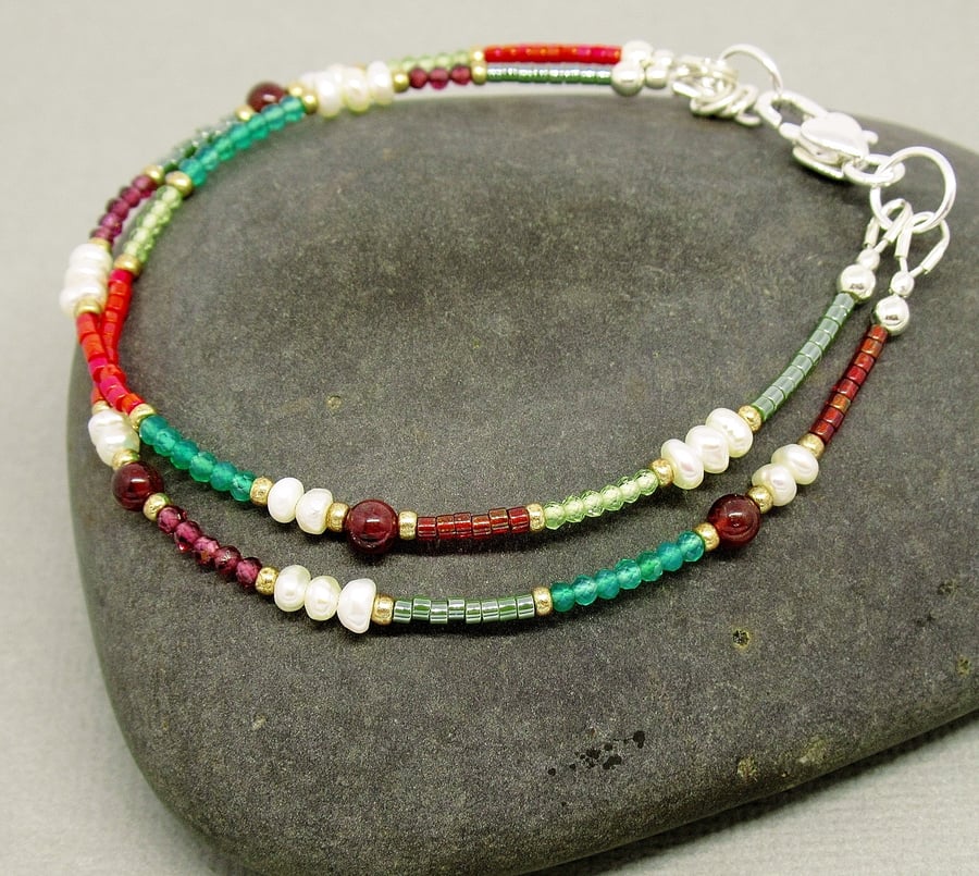 Red and Green Gemstone Beaded Bracelet - Sterling Silver