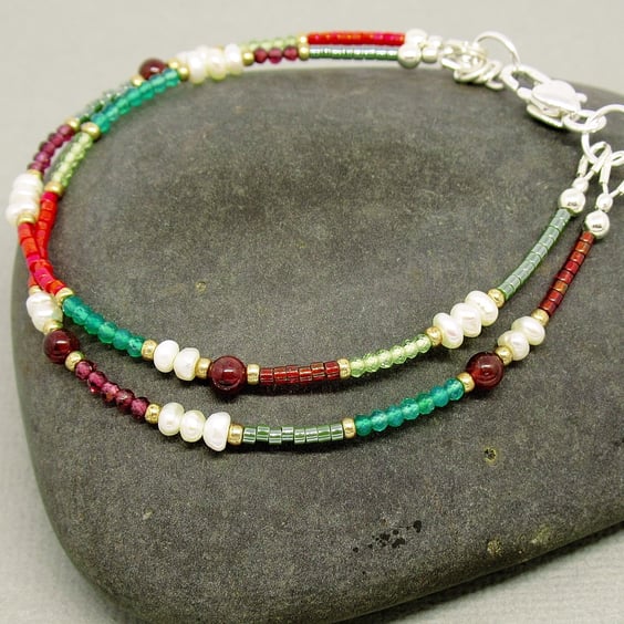 Red and Green Gemstone Beaded Bracelet - Sterling Silver