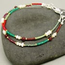 Red and Green Gemstone Beaded Bracelet - Sterling Silver