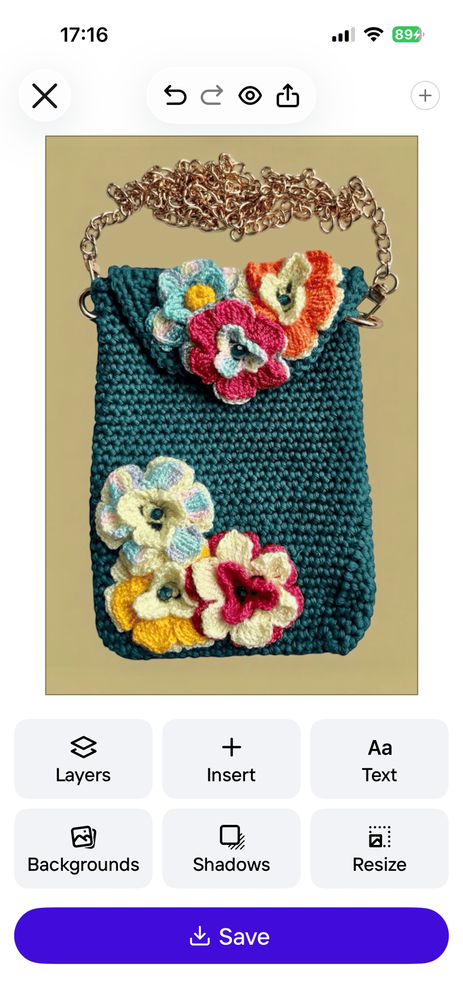 Handmade Floral Crochet Crossbody Bag with Gold Coloured Chain Removable & Snap 