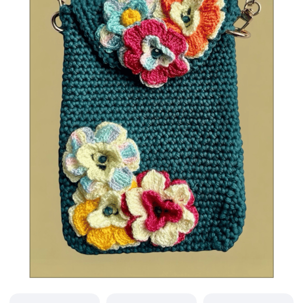 Handmade Floral Crochet Crossbody Bag with Gold Coloured Chain Removable & Snap 