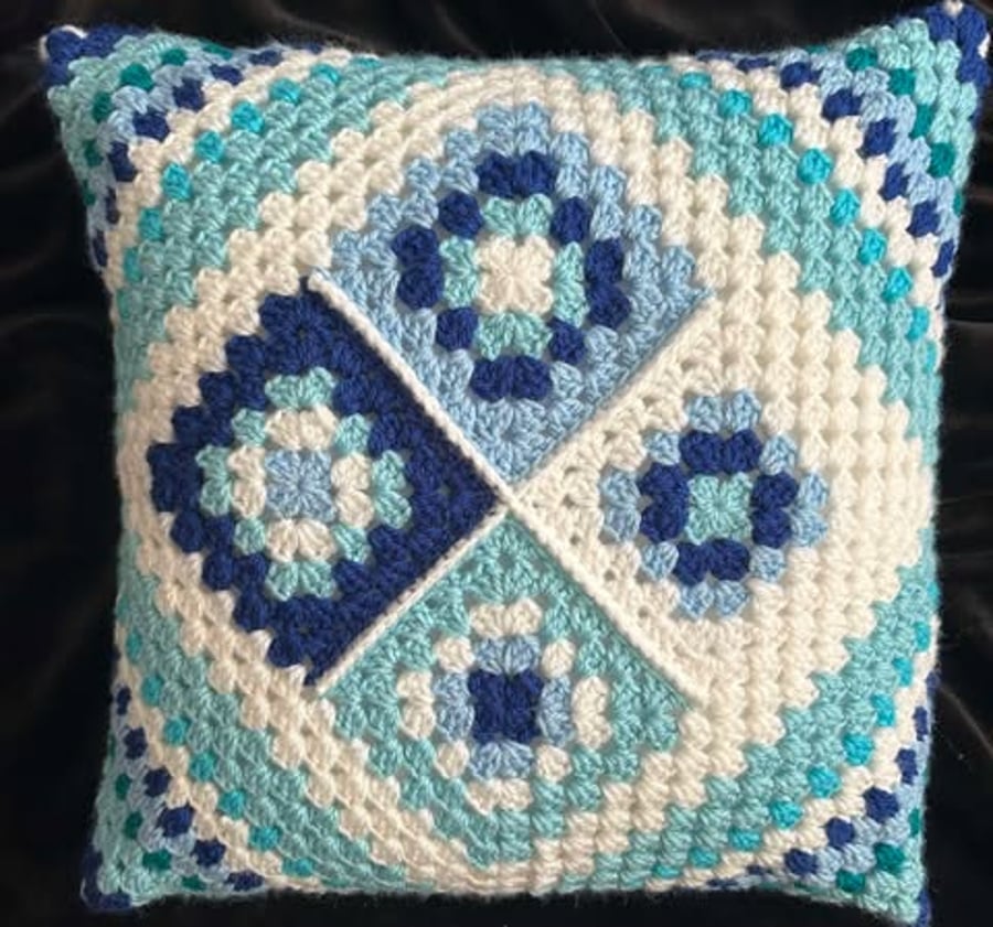 Handmade crocheted cushion cover blue and white two different sides
