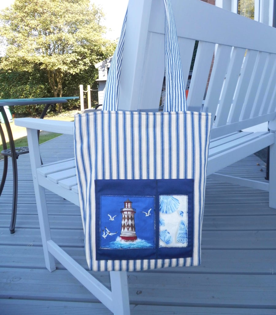 Tote bag blue and white stripe nautical seaside theme