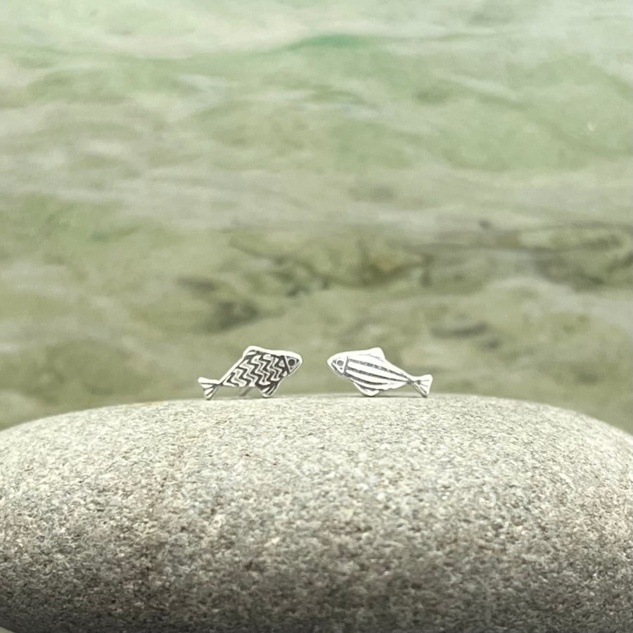 Handmade Sterling Silver Mismatched Fish Stud Earrings