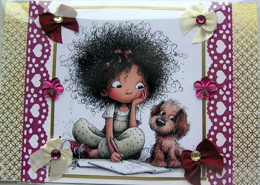 Young Girl with Puppy - Hand Crafted Decoupage Greeting Card - Blank 3061