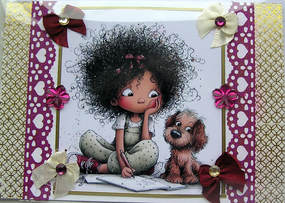 Young Girl with Puppy - Hand Crafted Decoupage Greeting Card - Blank 3061