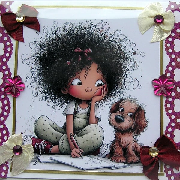 Young Girl with Puppy - Hand Crafted Decoupage Greeting Card - Blank 3061