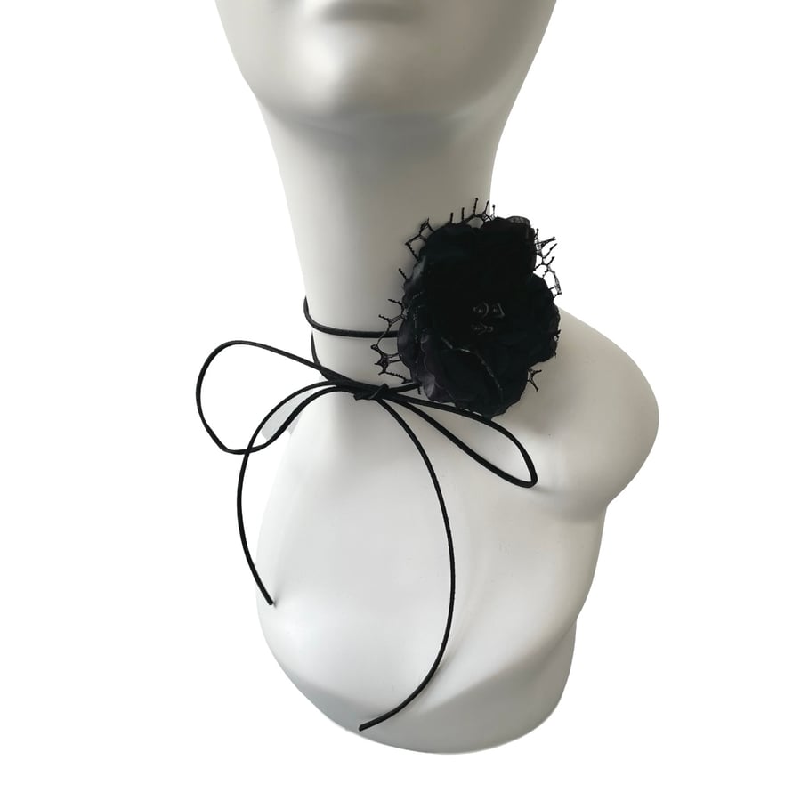 Black large flower choker Handmade corsage tie choker necklace with  for women