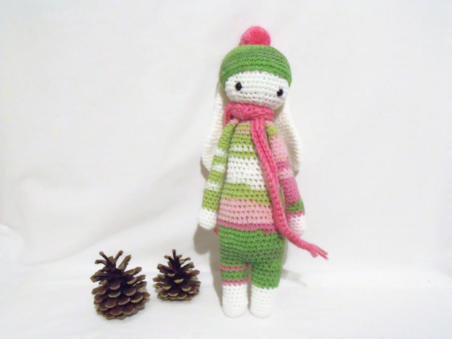 cute Lalylala green and pink crocheted amigurumi rabbit doll