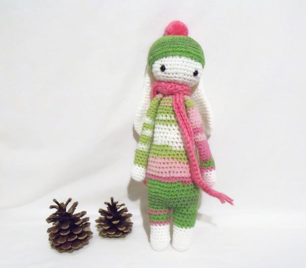 cute Lalylala green and pink crocheted amigurumi rabbit doll