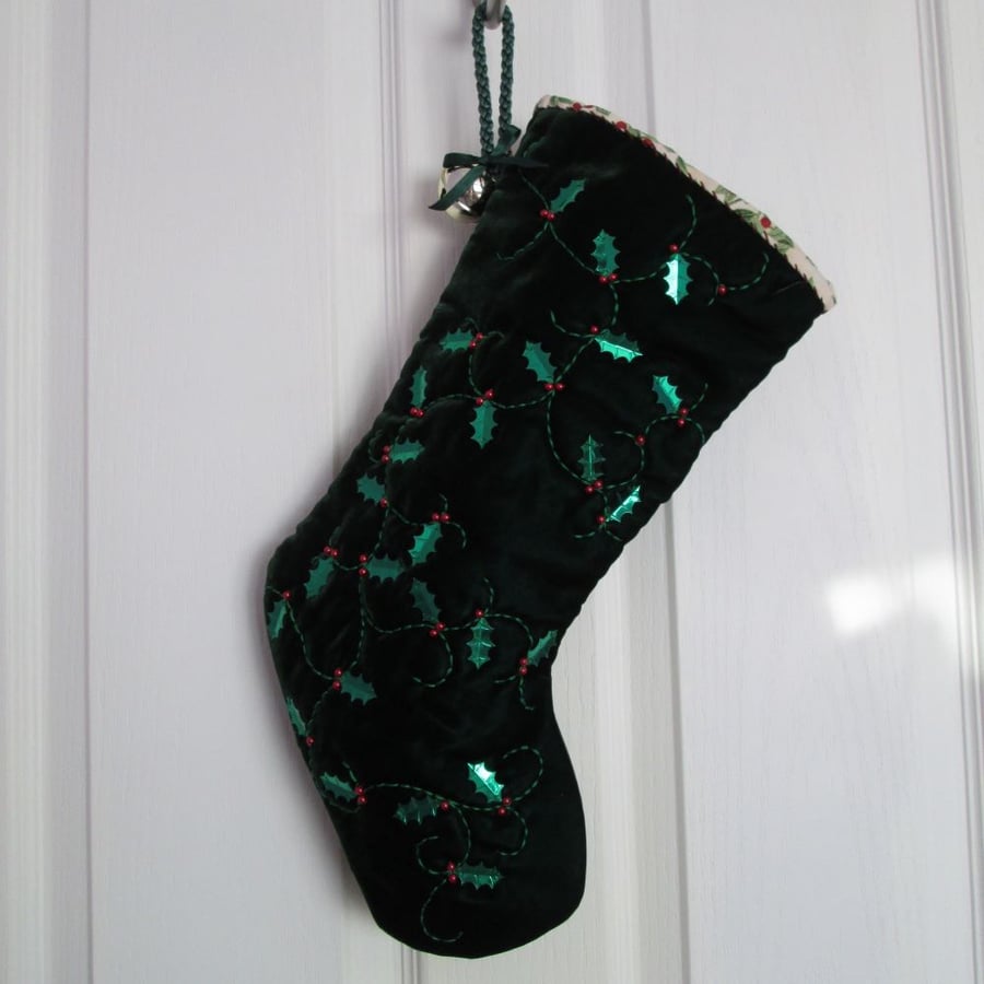 'Holly Scroll' Luxury Green Velvet Stocking with Sequins, Beads and Embroidery