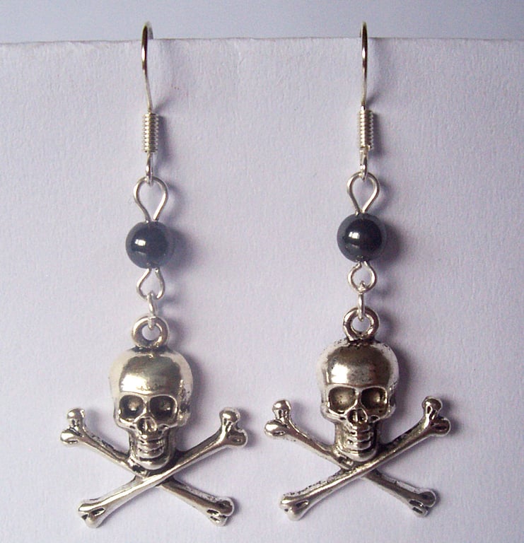 Hematite Skull and Crossbone Silver Plate Earrings