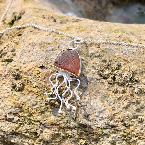 Golden Brown Sea Glass and Sterling Silver Jellyfish Pendant Necklace 1045