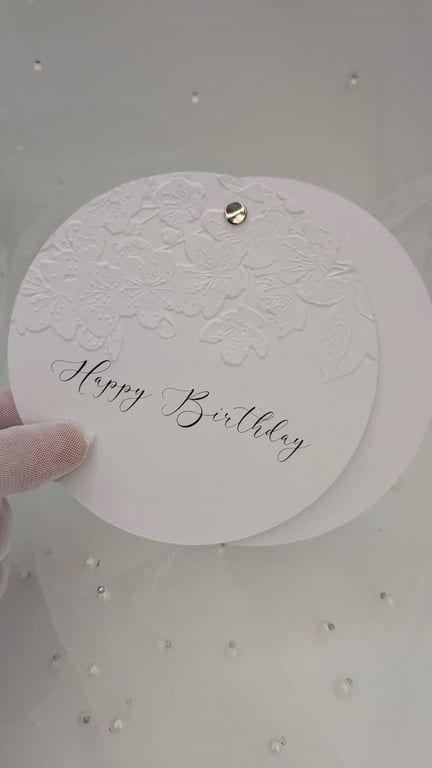 Handmade Round Happy Birthday Card with White Envelope, Elegant Embossed Floral 