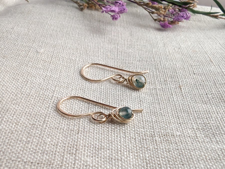 MOSS AGATE Dainty Wire Wrapped Earrings Sterling Silver 14K Gold Filled