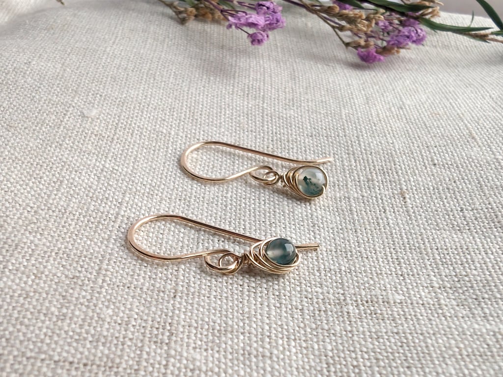 MOSS AGATE Dainty Wire Wrapped Earrings Sterling Silver 14K Gold Filled