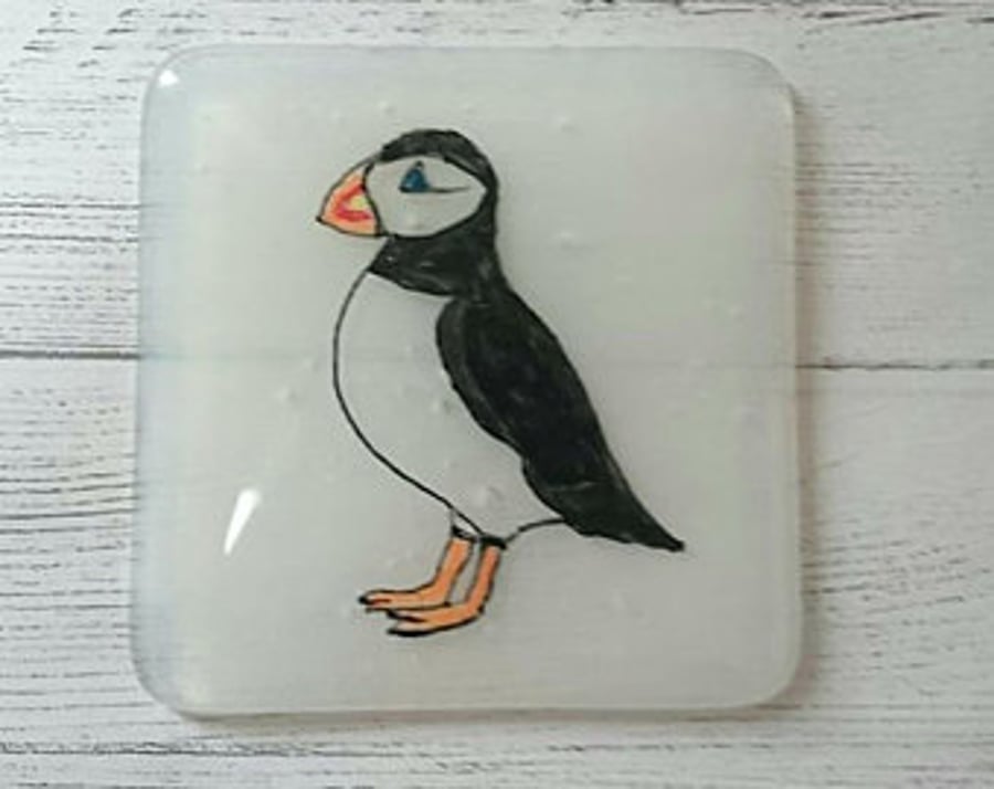 Puffin Fused Glass Coaster,  Drinks Coaster , Glass Drinks mat, Bird lover