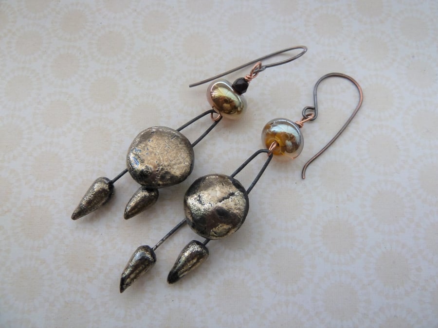 gold ceramic and lampwork copper earrings