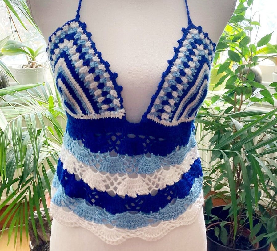 Gradient blue woman beach summer top Crochet boho bikini top beach wear
