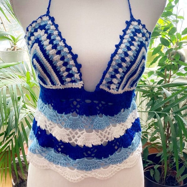 Gradient blue woman beach summer top Crochet boho bikini top beach wear