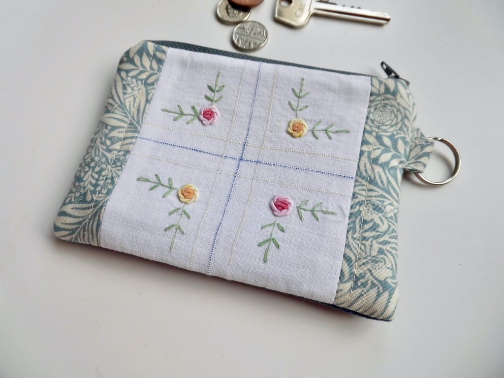 Coin purse in reclaimed embroidered cloth with William Morris print and denim