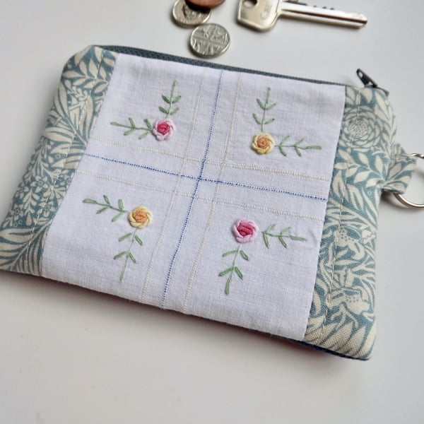 Coin purse in reclaimed embroidered cloth with William Morris print and denim