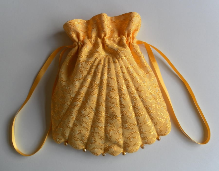  Vintage inspired, gold, shell, drawstring evening, wedding bag