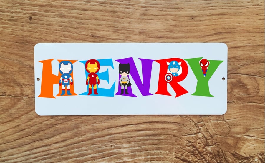 Childrens Personalised Door Sign, Bedroom Sign, with Super Hero Name font