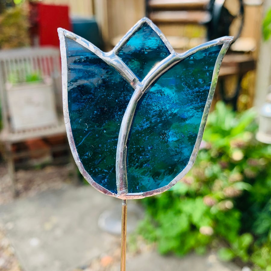 Stained  Glass Tulip Stake Small - Handmade Plant Pot Dec - Turquoise 