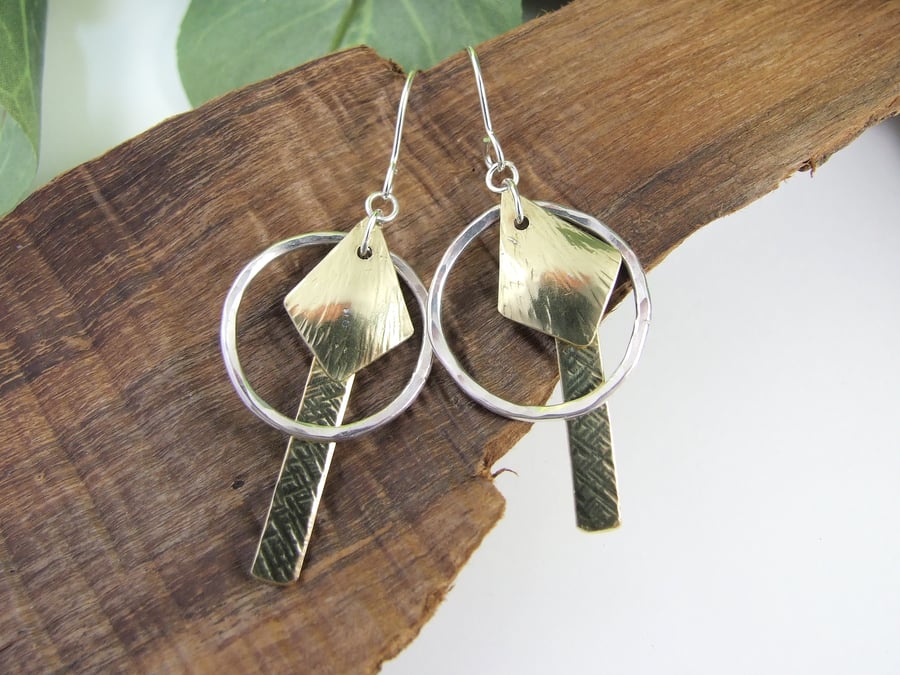 Earrings,  Brass & Sterling Silver Geometric Shapes Dropper Earrings