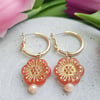 Orange Czech Glass Flower Gold Hoop Earrings