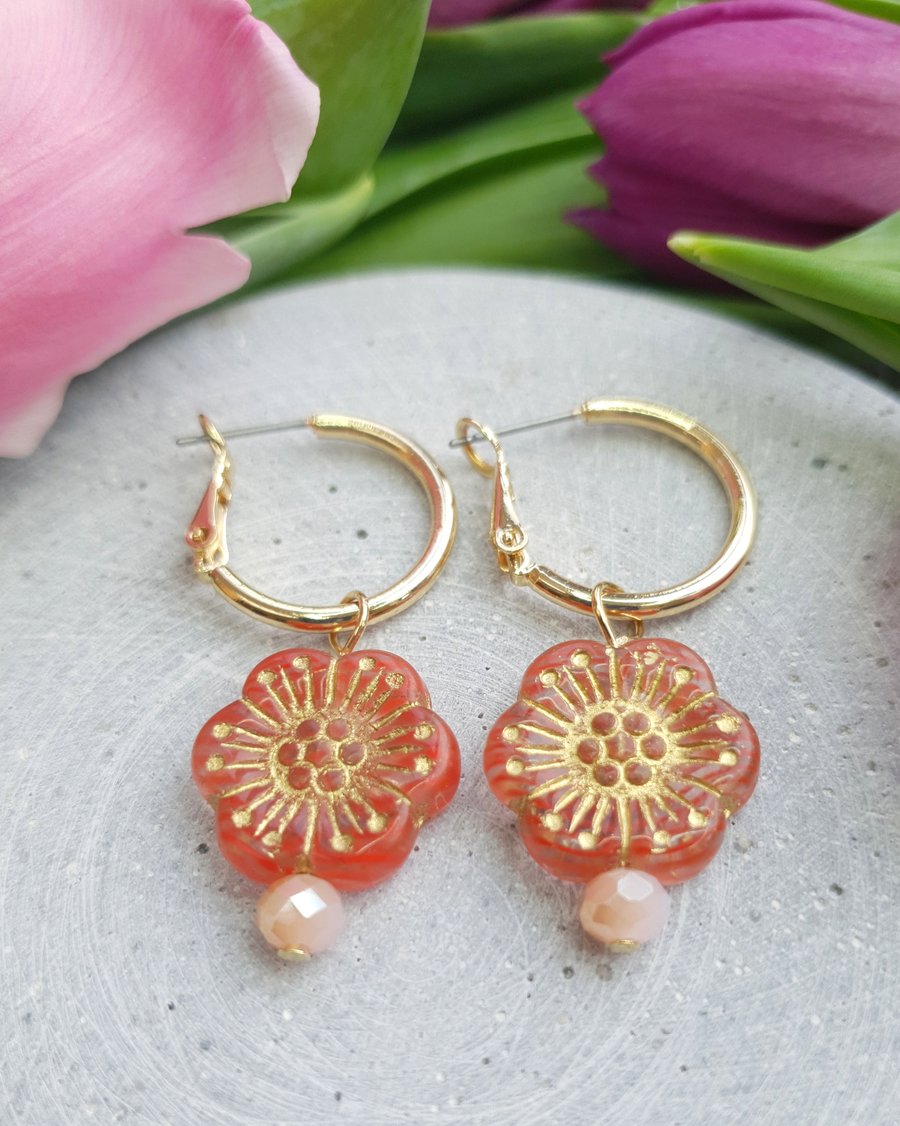 Orange Czech Glass Flower Gold Hoop Earrings