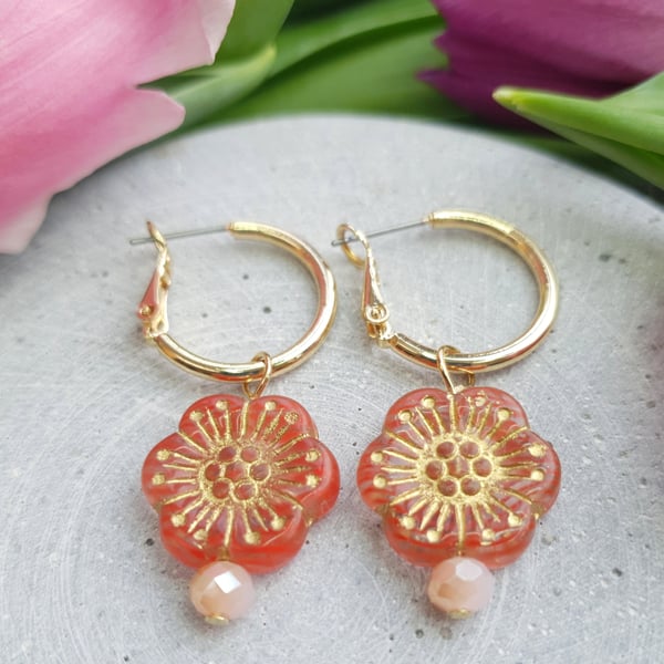 Orange Czech Glass Flower Gold Hoop Earrings