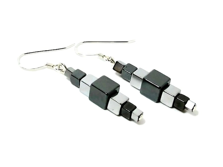 Black & Silver Hematite Graduated Cube Earrings With Sterling Silver