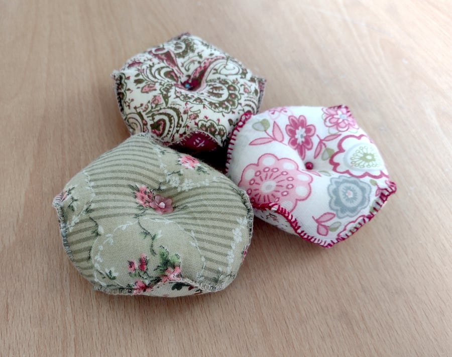 3 x Biscornu Style Pin Cushions - Reversible - Hand Stitched