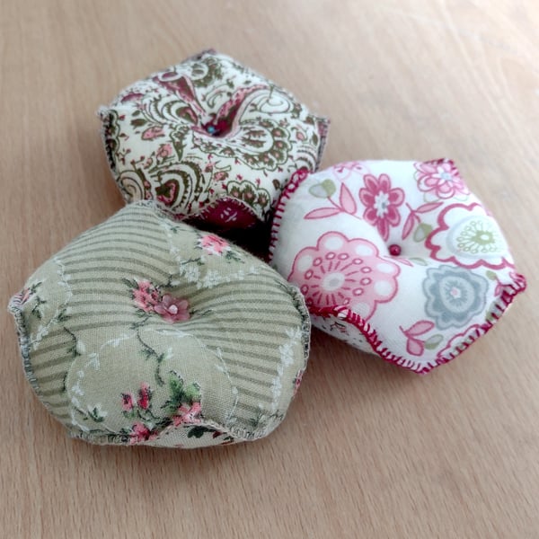 3 x Biscornu Style Pin Cushions - Reversible - Hand Stitched