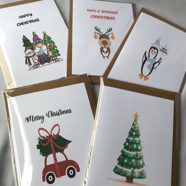 Christmas cards 5 designs, 10 pack of cards, Christmas greeting cards,