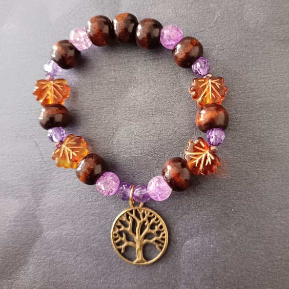 Elasticated bronze tree of life charm bracelet with autumnal beads 