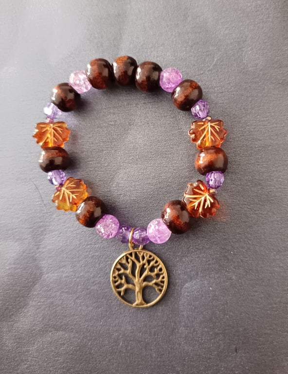 Elasticated bronze tree of life charm bracelet with autumnal beads 