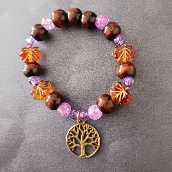 Elasticated bronze tree of life charm bracelet with autumnal beads 