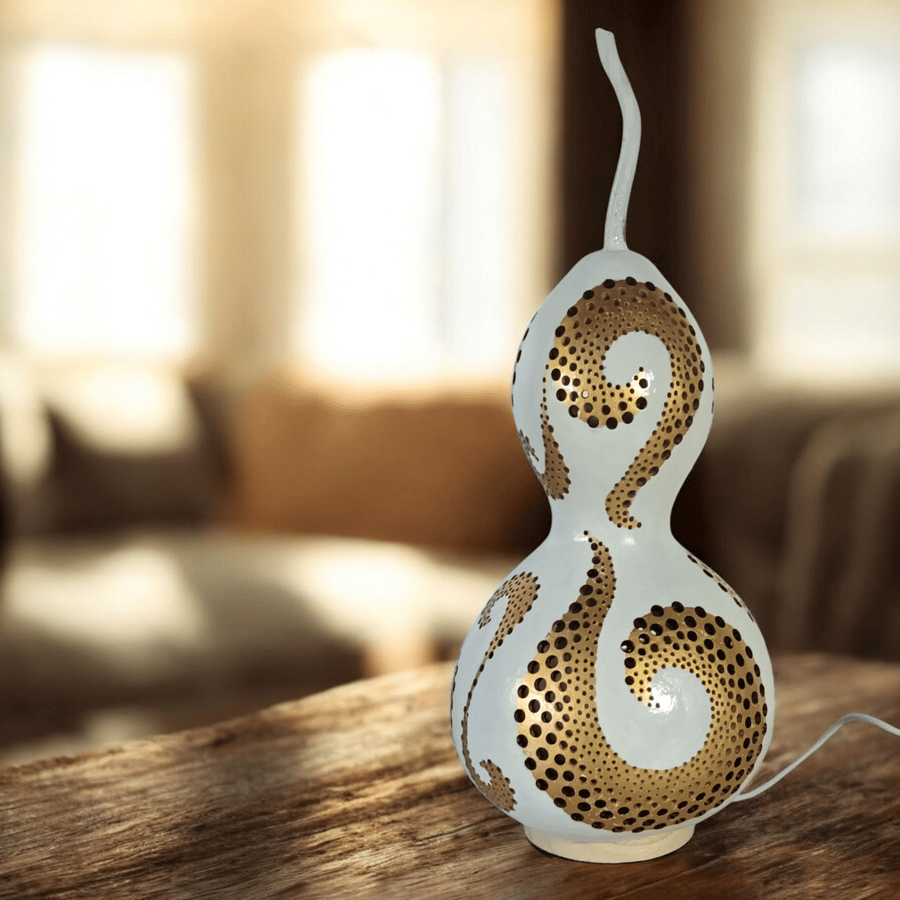 White and 24ct Gold Swirl Gourd Lamp