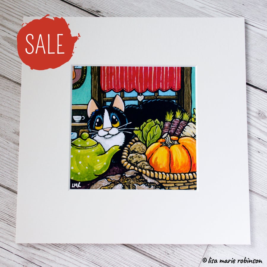 SALE - Tuxedo Cat and Autumn Vegtables Mounted Print