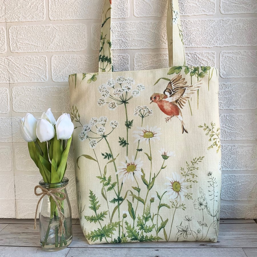 Tote bag with Chaffinch in wild flower meadow