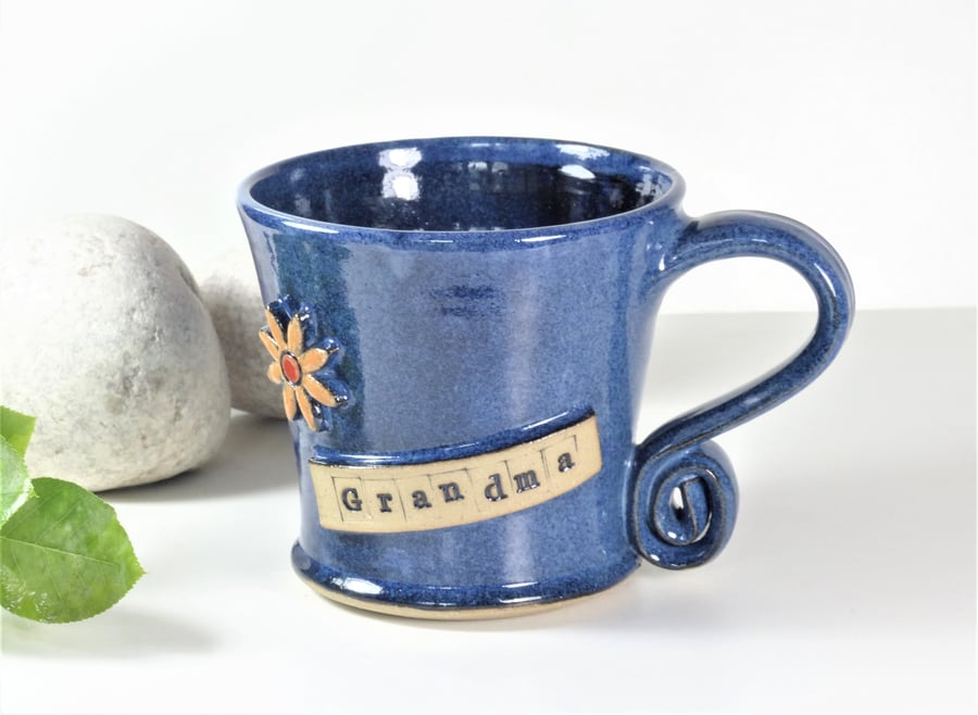 Grandma & Flower Blue Mug Ceramic Pottery Handmade Stoneware