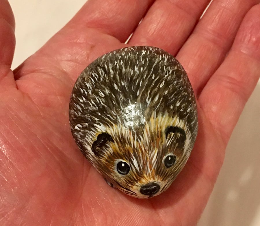 Hedgehog hand painted pebble garden rock wildlife stone art