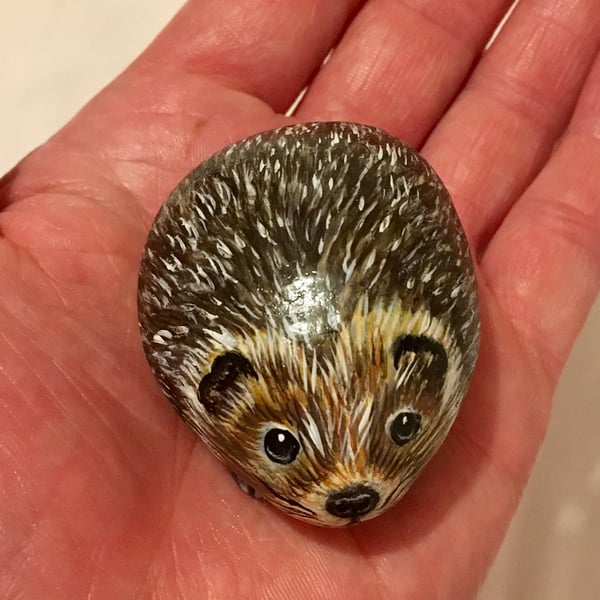 Hedgehog hand painted pebble garden rock wildlife stone art