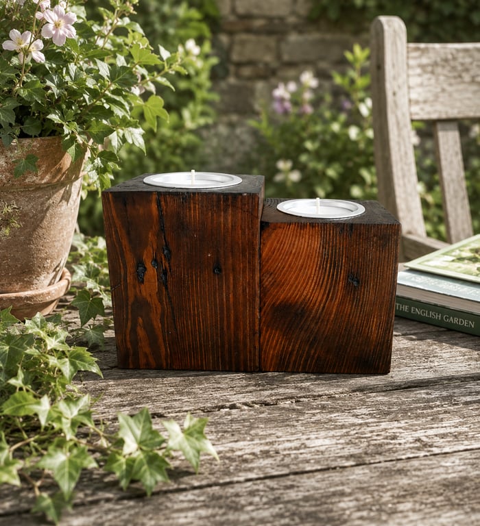 Set of 2 Wooden Tealight Holders - Dark Oak Finish Upcycled Pallet Wood