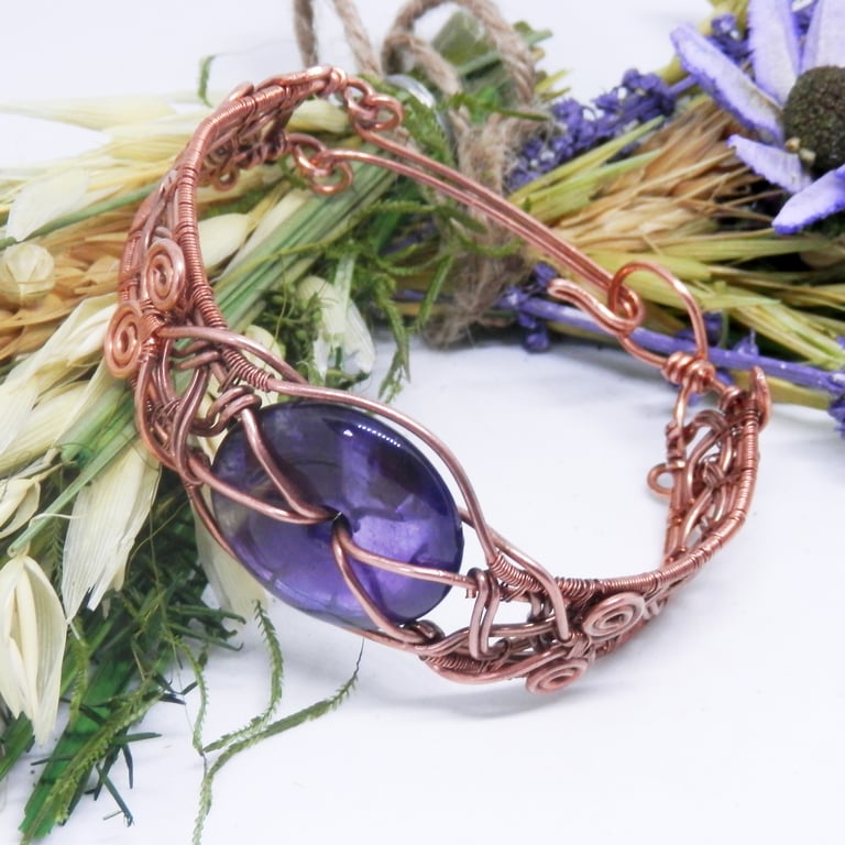 Celtic Style Braided Wire Copper Bracelet With Amethyst Donut Crystal