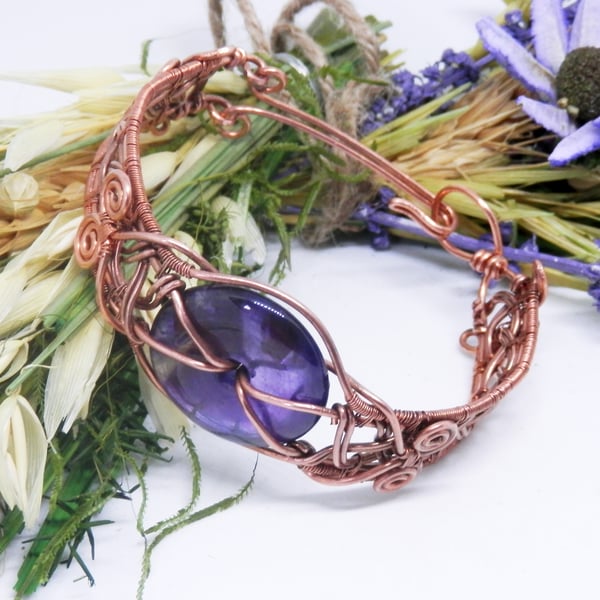Celtic Style Braided Wire Copper Bracelet With Amethyst Donut Crystal